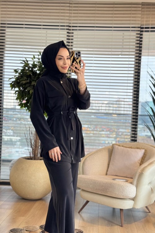 4455 Oysho İki Cepli Kendinden Kuşaklı Takım Siyah