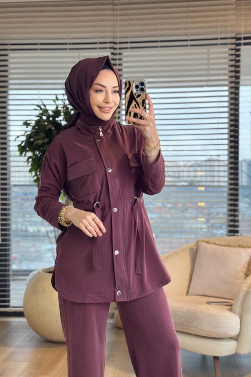 4455 Oysho İki Cepli Kendinden Kuşaklı Takım Bordo