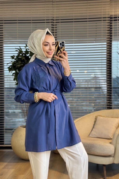 4471 Sol Göğüs Kordon Çiçek Nakışlı Gömlek İndigo