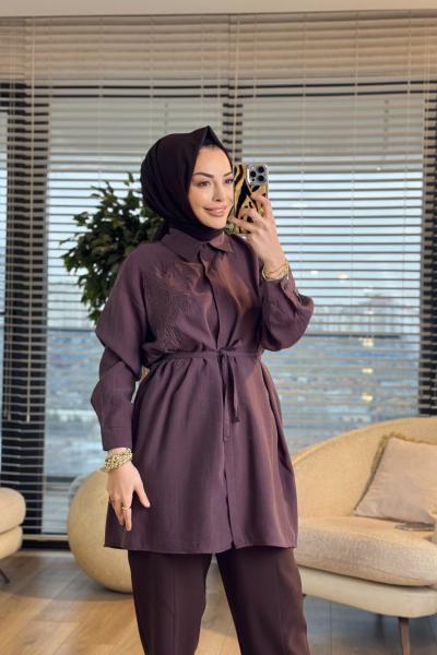 4471 Sol Göğüs Kordon Çiçek Nakışlı Gömlek Kahve