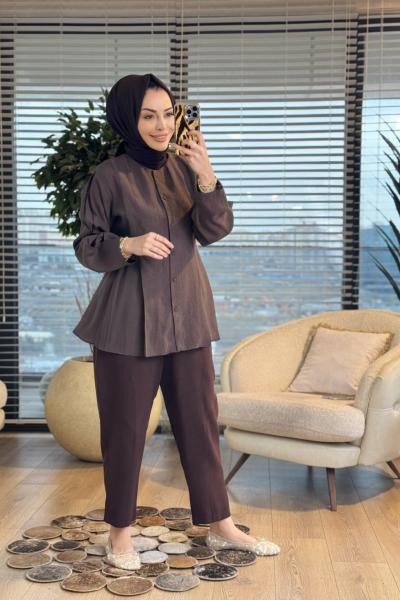 4474 Ön Dikiş Detaylı Yakasız Gömlek Kahve