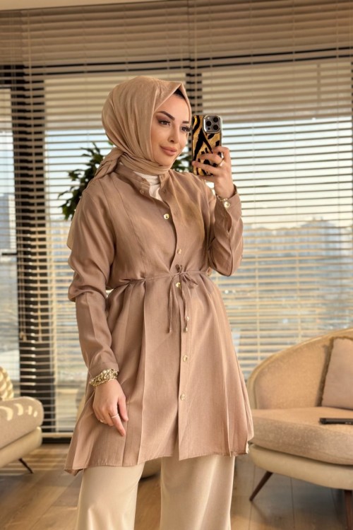 4475 Ön Dikiş Pile Detaylı Tunik Bej