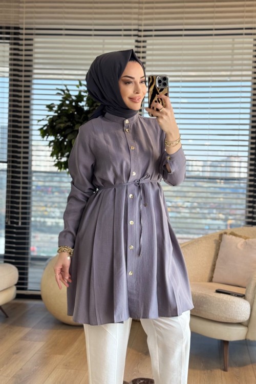 4475 Ön Dikiş Pile Detaylı Tunik Gri