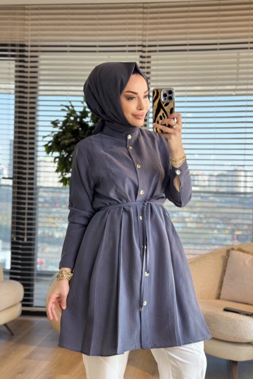 4475 Ön Dikiş Pile Detaylı Tunik Antrasit