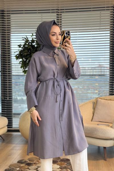 4476 Ön Düğmeli Klasik Uzun Gömlek Gri