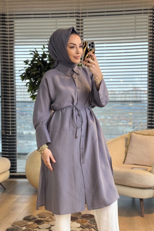 4476 Ön Düğmeli Klasik Uzun Gömlek Gri