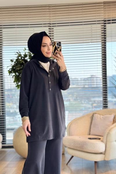 4480 Roba V Dikişli Patı Çıtçıtlı Kapşonlu Takım Siyah