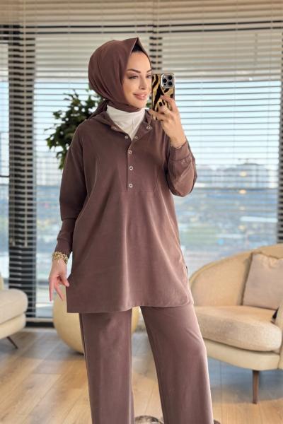 4480 Roba V Dikişli Patı Çıtçıtlı Kapşonlu Takım Kahve