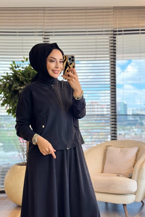 4484 Önü Fermuarlı Cepli Etekli Takım Siyah