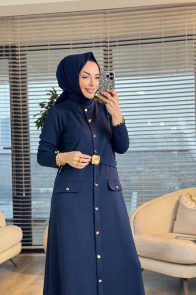 4507 Sıfır Yaka Önden Düğmeli Kemerli Elbise Lacivert