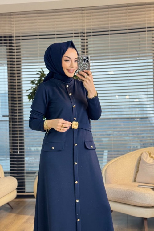 4507 Sıfır Yaka Önden Düğmeli Kemerli Elbise Lacivert