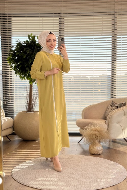 4561 Yandan Fermuarlı Pardesü Yağ Yeşili