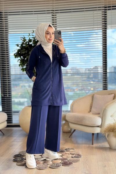 4598 Ön Kol Serpme Taş Baskılı Fermuarlı Takım Lacivert