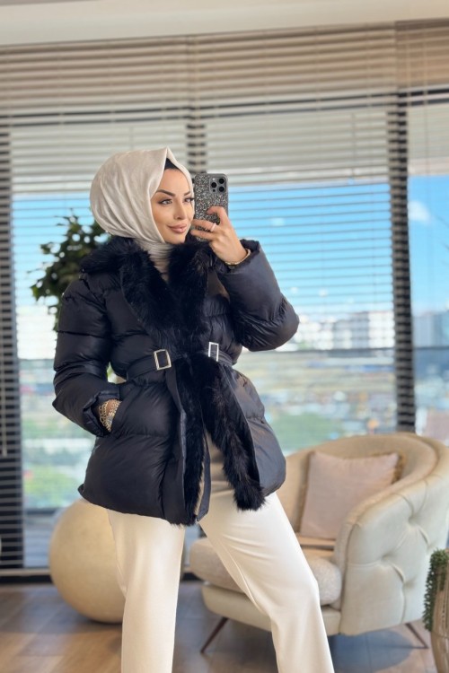 4605 Yakası Kürklü Şişme Kısa Kaban Siyah