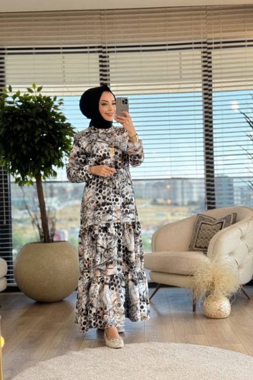 5002 Puan Ve Karışık Çizgi Desen Elbise Siyah