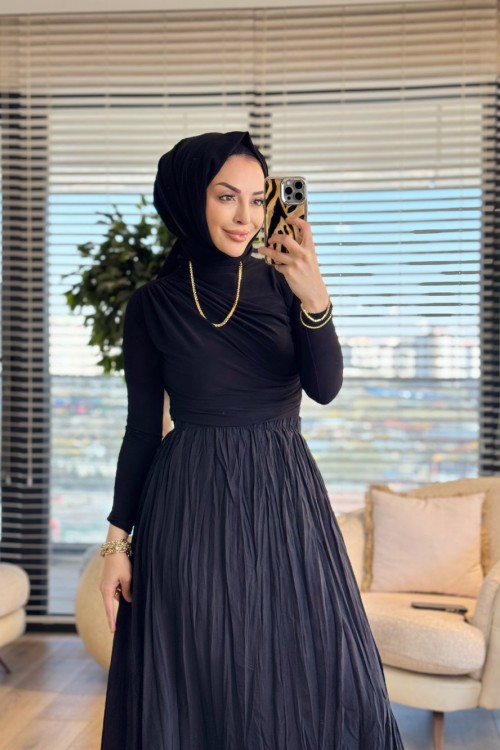 5004 Beli Lastikli Kırışık Etek Siyah