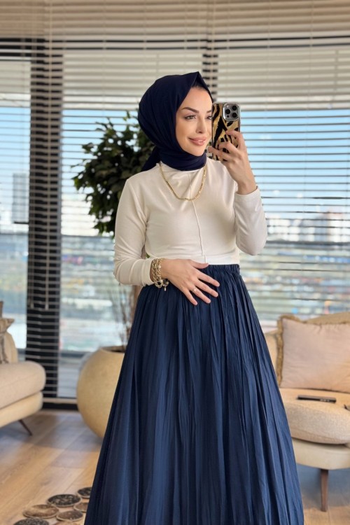 5004 Beli Lastikli Kırışık Etek Lacivert