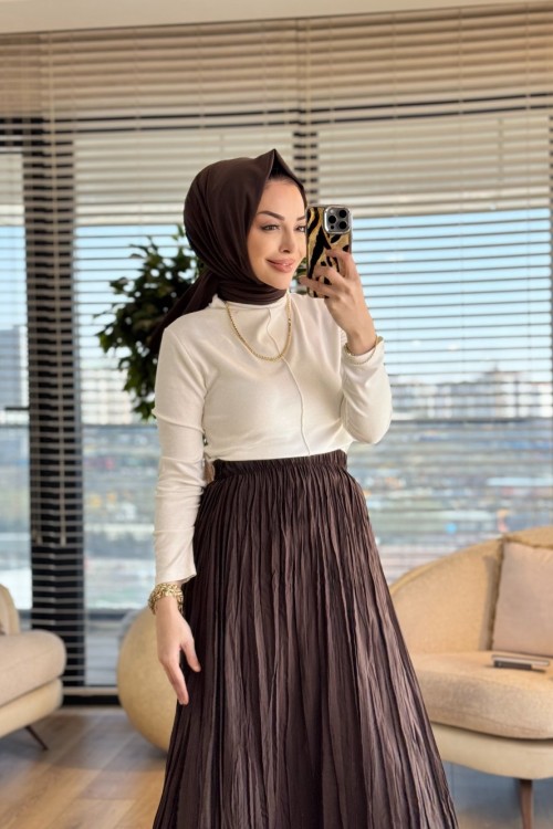 5004 Beli Lastikli Kırışık Etek Kahve