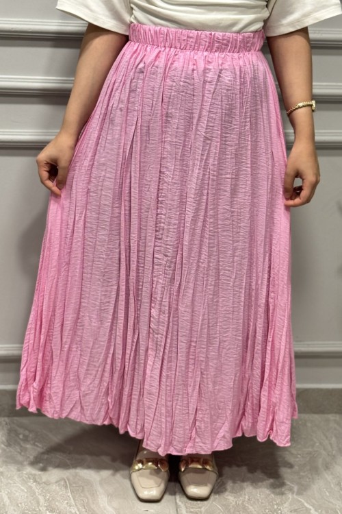 5004 Beli Lastikli Kırışık Etek Pembe