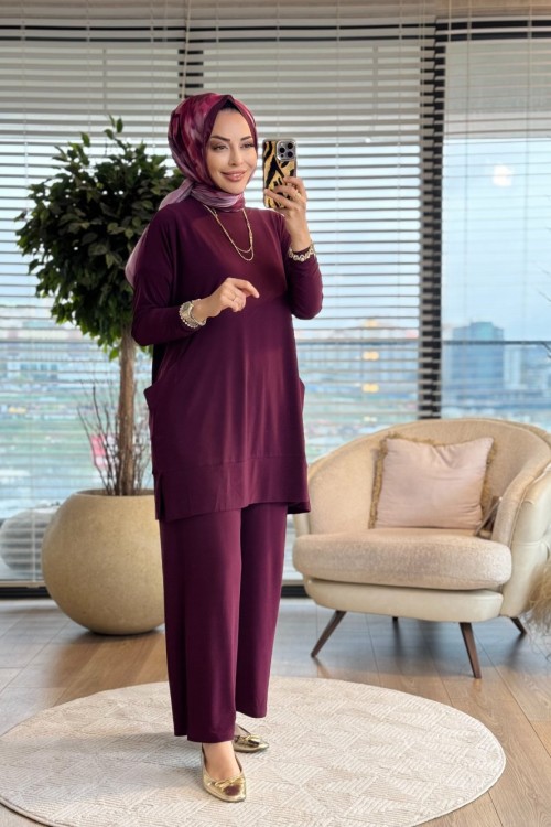 5015 Yanları Cepli Sandy Takım Mürdüm