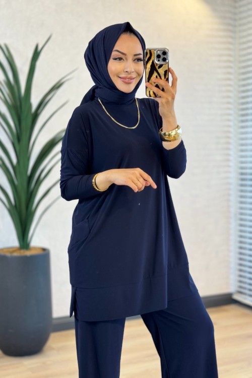 5015 Yanları Cepli Sandy Takım Lacivert