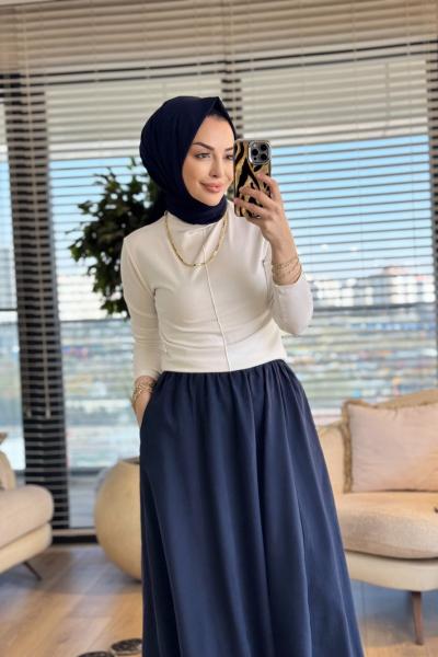5036 Beli Lastikli Cepli Kırışık Etek Lacivert