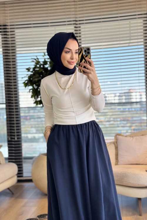 5036 Beli Lastikli Cepli Kırışık Etek Lacivert