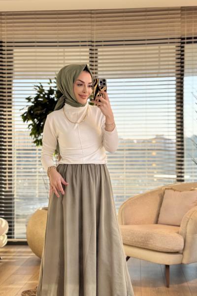 5036 Beli Lastikli Cepli Kırışık Etek Haki