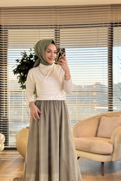 5036 Beli Lastikli Cepli Kırışık Etek Haki