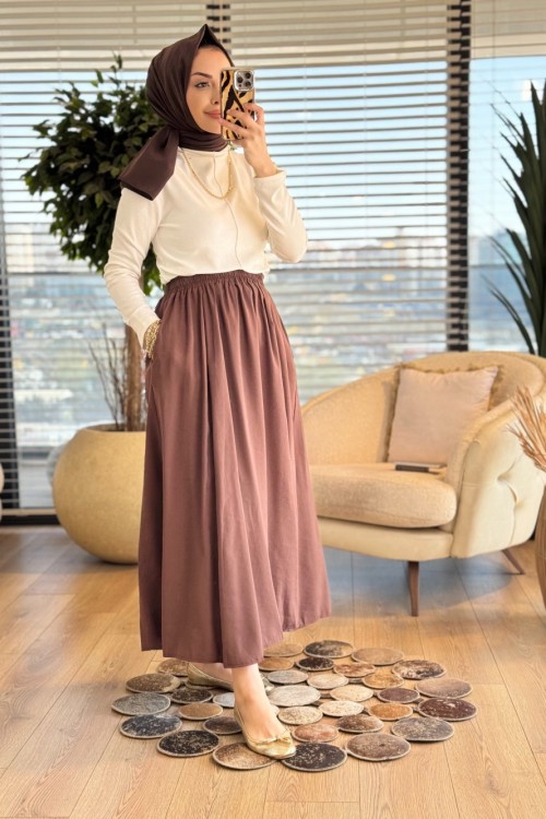5036 Beli Lastikli Cepli Kırışık Etek Kahve