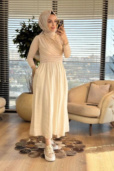 5036 Beli Lastikli Cepli Kırışık Etek Bej