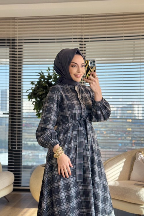 51272 Ekose Patı Düğmeli Elbise Siyah