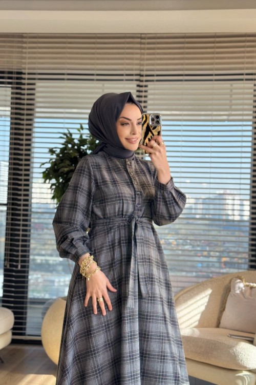 51272 Ekose Patı Düğmeli Elbise Gri