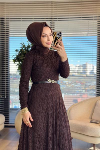 5280 Dantel Kemerli Elbise Kahve