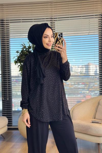 52839 Üst Taş Baskı Şalvar Pantolonlu Takım Siyah