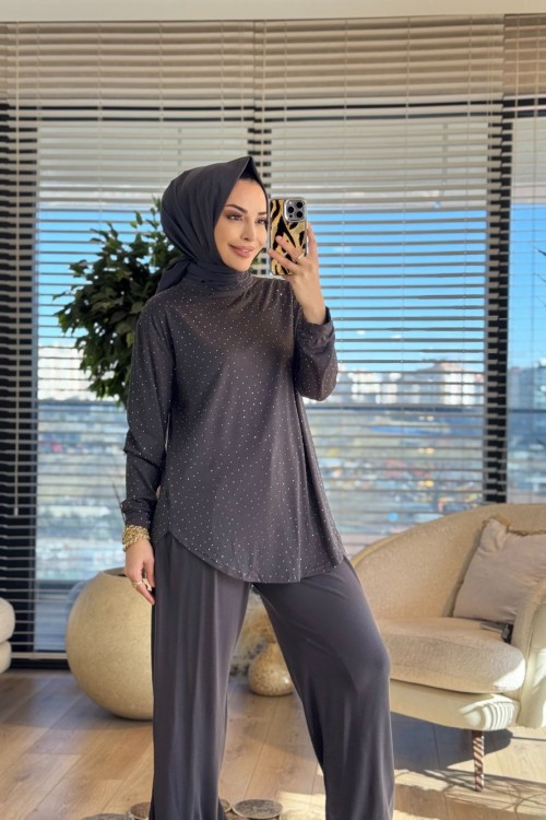 52839 Üst Taş Baskı Şalvar Pantolonlu Takım Antrasit