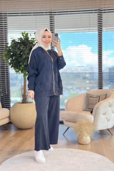 5398 Tencel Ön Fermuarlı Kapşonlu Takım Siyah