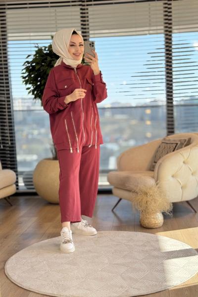 5467 Ön Ve Etek Ucu Fermuar Detaylı Takım Bordo