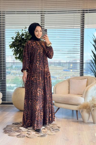 550 Leopar Desen Fırfırlı Elbise Kahve
