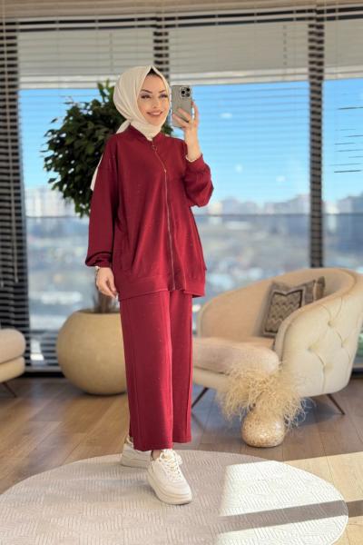 5505 Ön Ve Pantolon Serpme Taşlı Fermuarlı Takım Bordo