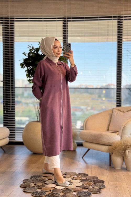 5674 Tencel Fermuarlı Uzun Tunik Mürdüm