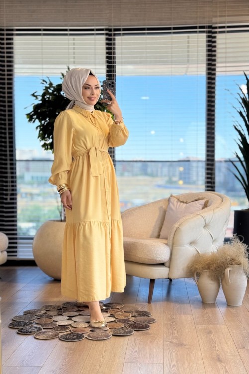 5677 Üç Katlı Düğmeli Elbise Sarı