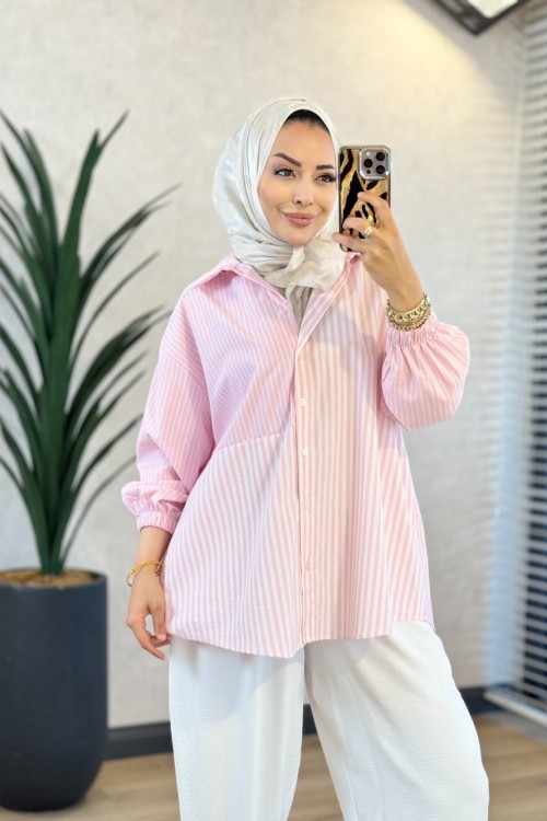 5715 Çizgili Parçalı Gömlek Pembe