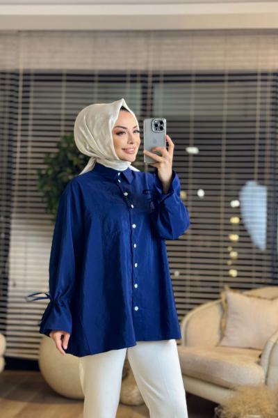 5766 Kollar Bağcıklı Taş Düğmeli Gömlek Lacivert
