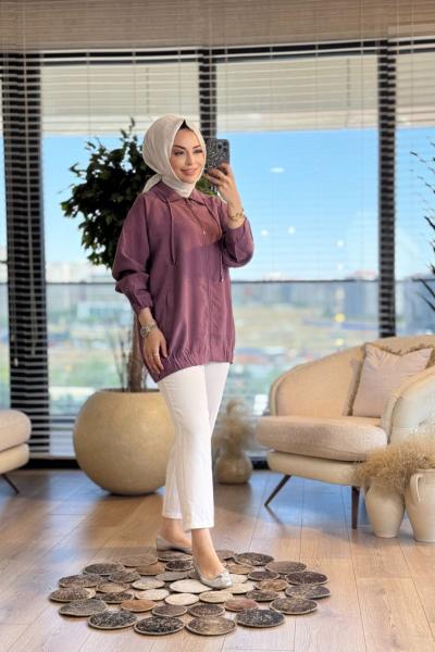 5823 Tencel Yaka İpli Fermuarlı Ceket Mürdüm