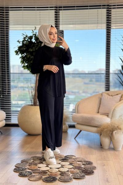 5825 Yanları Yırtmaç Detaylı Takım Siyah