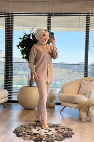 5835 Ön Düğme Ve Parça Detaylı Takım Vizon