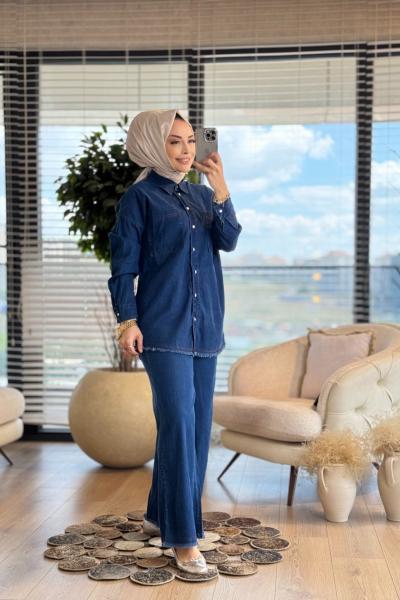 5841 Tencel Etek Ve Paça Ucu Saçaklı Takım Lacivert