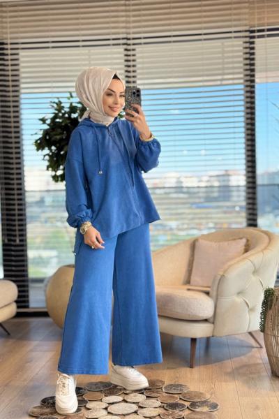 5935 Önü Fermuarlı Kapşonlu Takım Saks