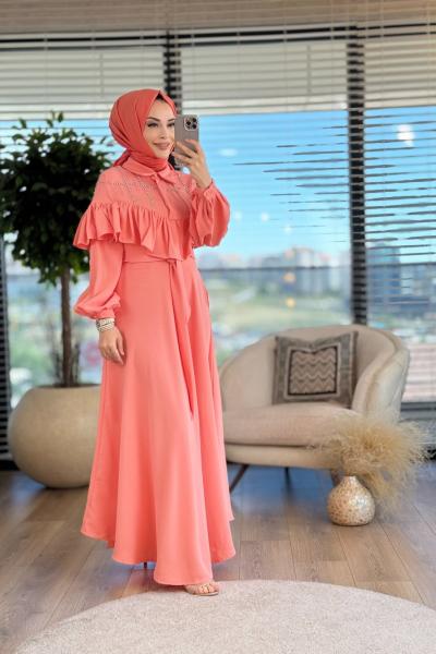 6003 Taş Ve Fırfır Detaylı Elbise Somon